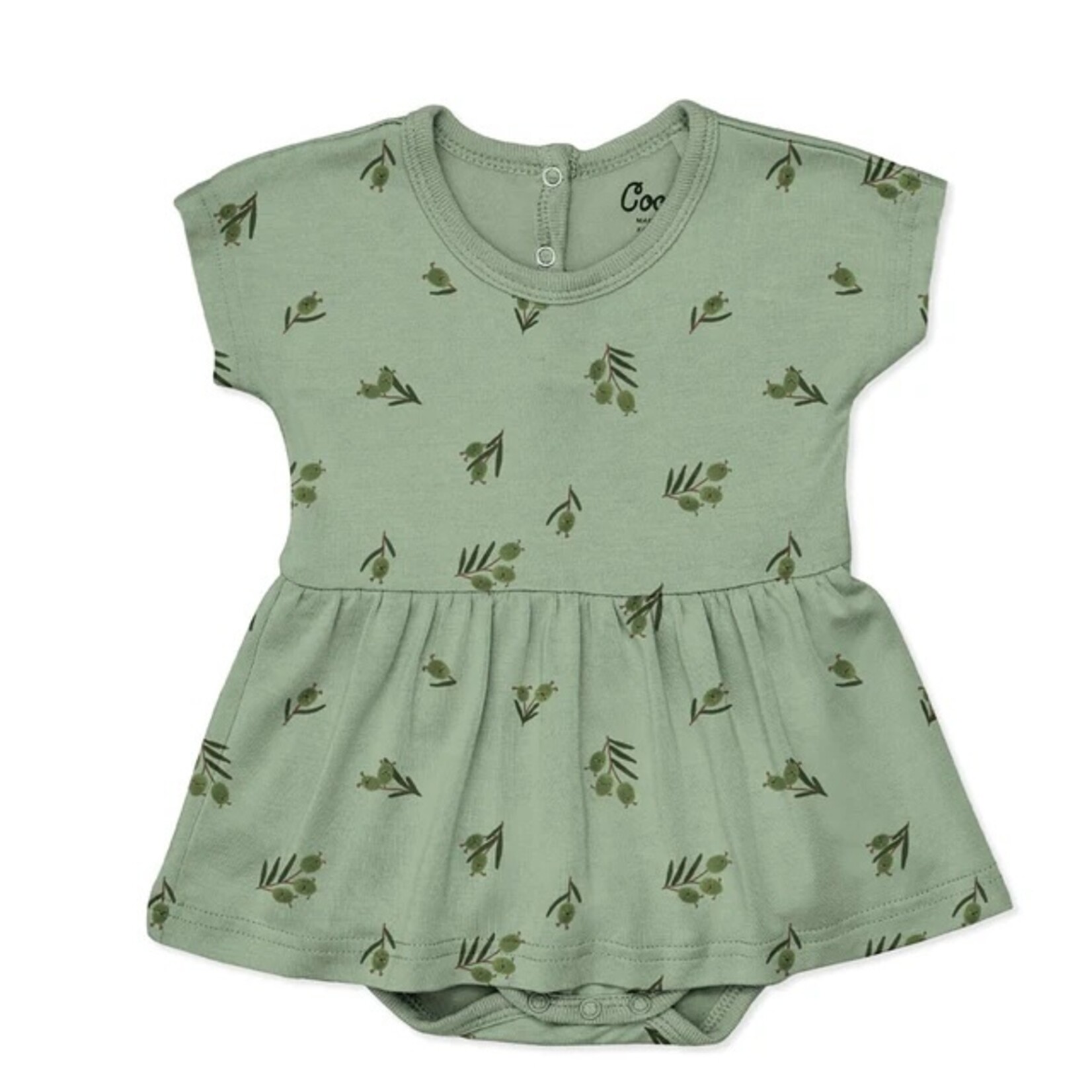 Coccoli COCCOLI - Robe en modal à manches courtes vert pâle avec cache-couche intégré et motif d'olives
