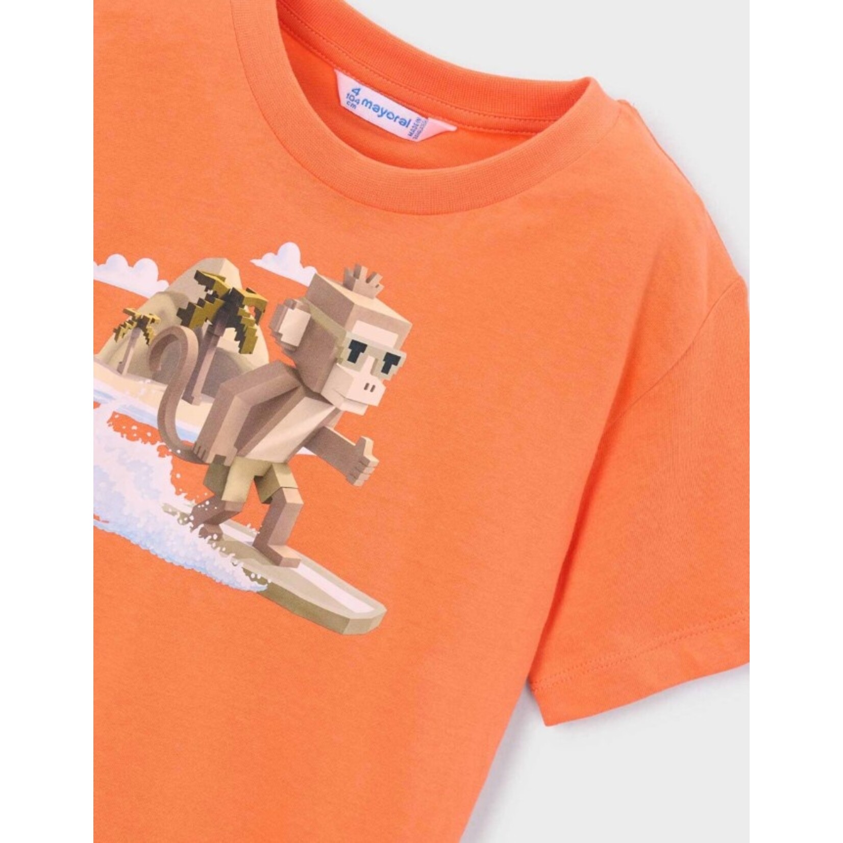 Mayoral MAYORAL - Orange short-sleeved T-shirt with a blocky surfer monkey print