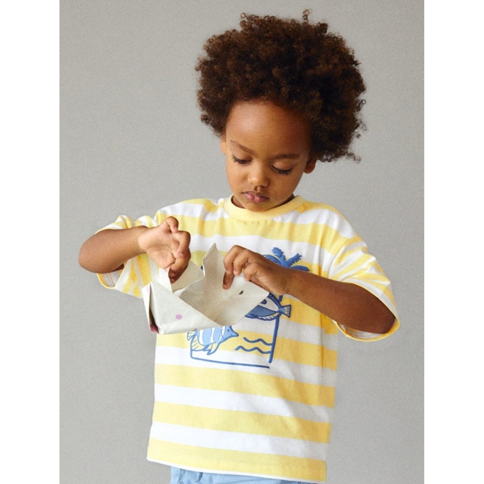 Mayoral MAYORAL - T-shirt blanc rayé jaune avec motif relief de poissons