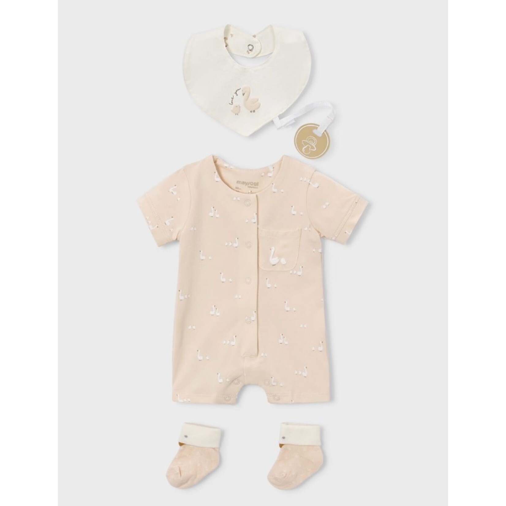 Mayoral MAYORAL - 3-piece set - Short pyjamas, bib and beige socks with duck print