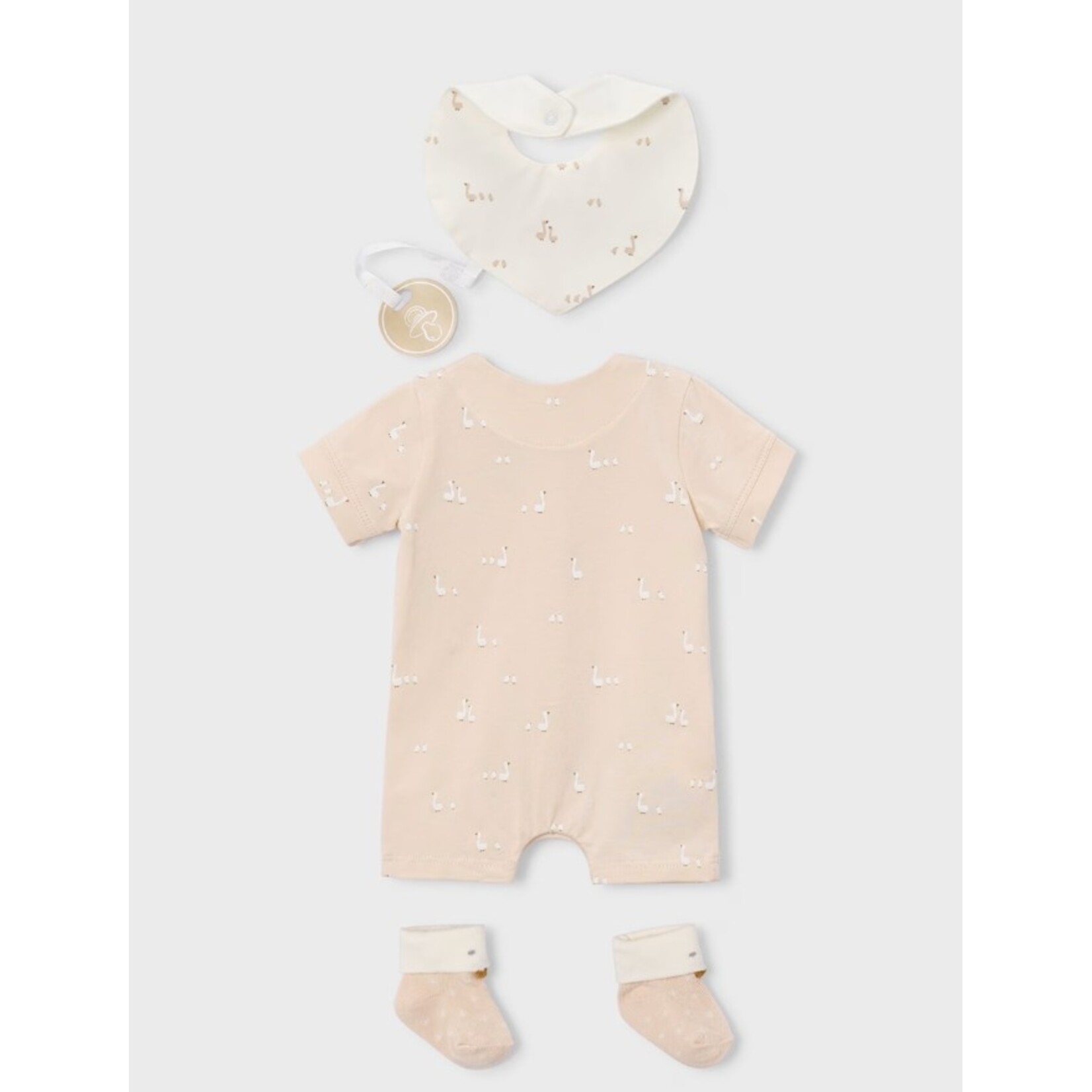 Mayoral MAYORAL - 3-piece set - Short pyjamas, bib and beige socks with duck print