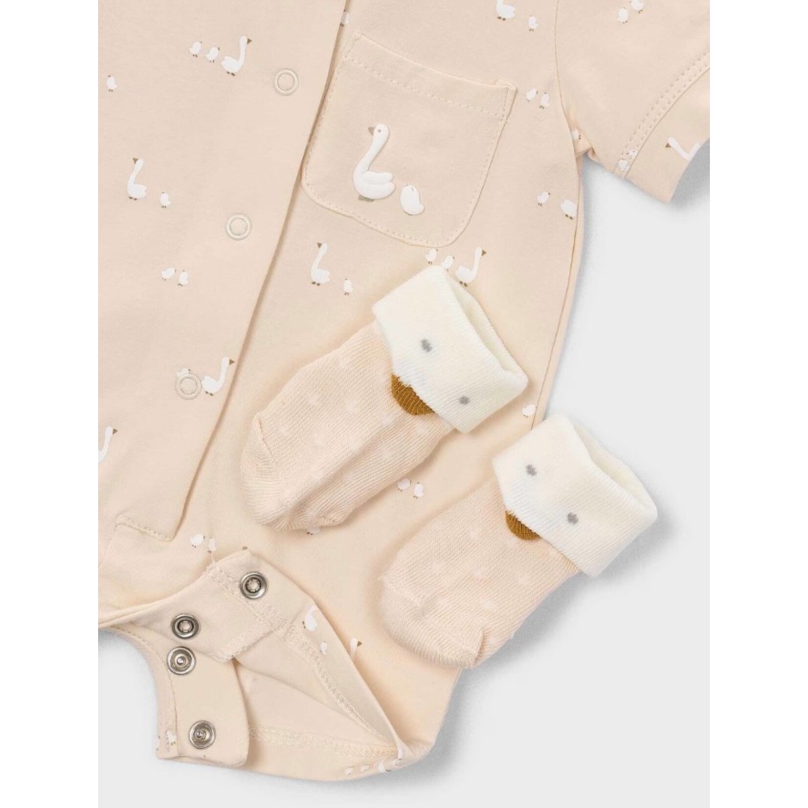 Mayoral MAYORAL - 3-piece set - Short pyjamas, bib and beige socks with duck print
