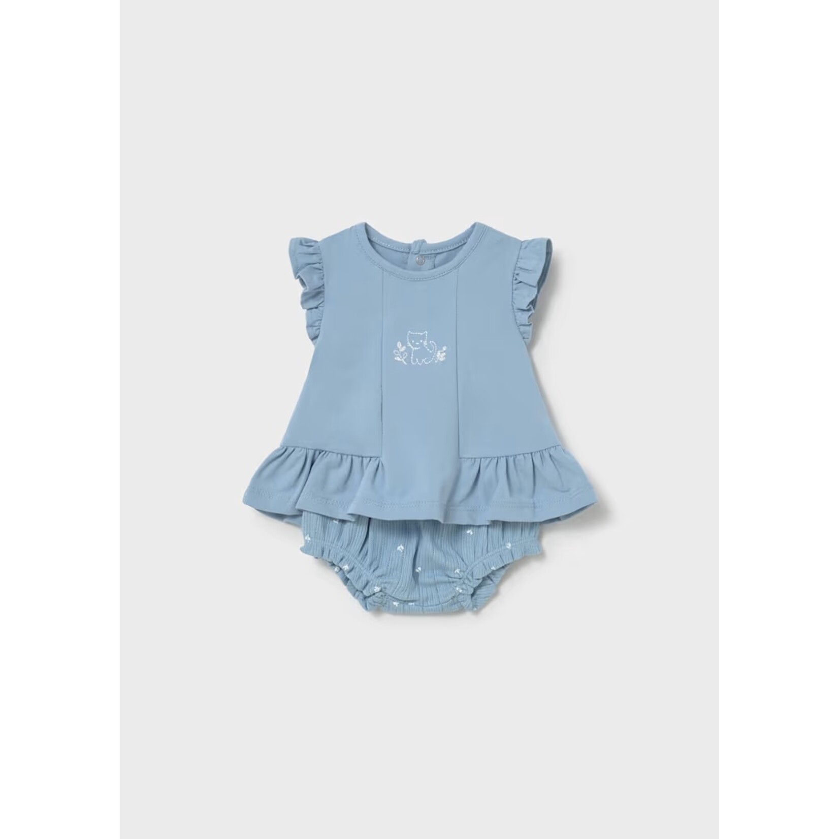 Mayoral MAYORAL - Ensemble 2 pièces bleu avec haut brodé motif chat et short imprimé de feuilles