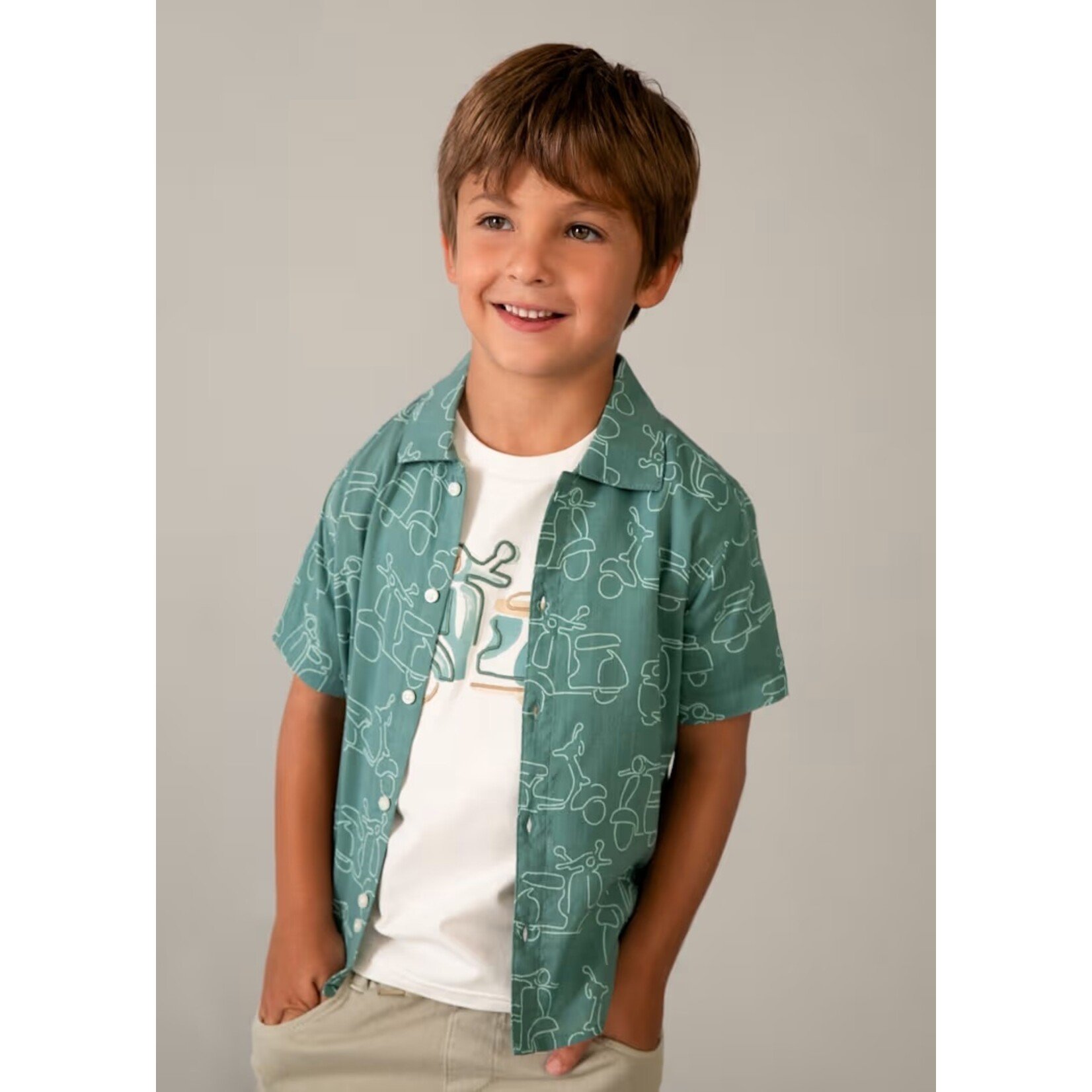 Mayoral MAYORAL - Short-sleeved shirt in green-grey with Vespas print