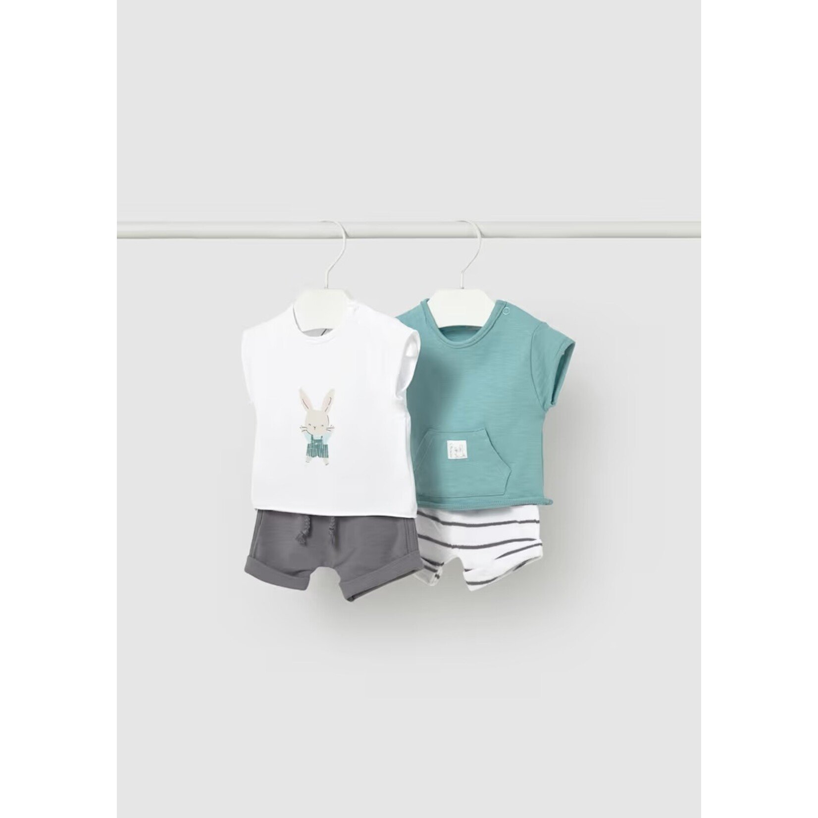 Mayoral MAYORAL - Two-piece set with a white top featuring a rabbit print and plain dark grey shorts