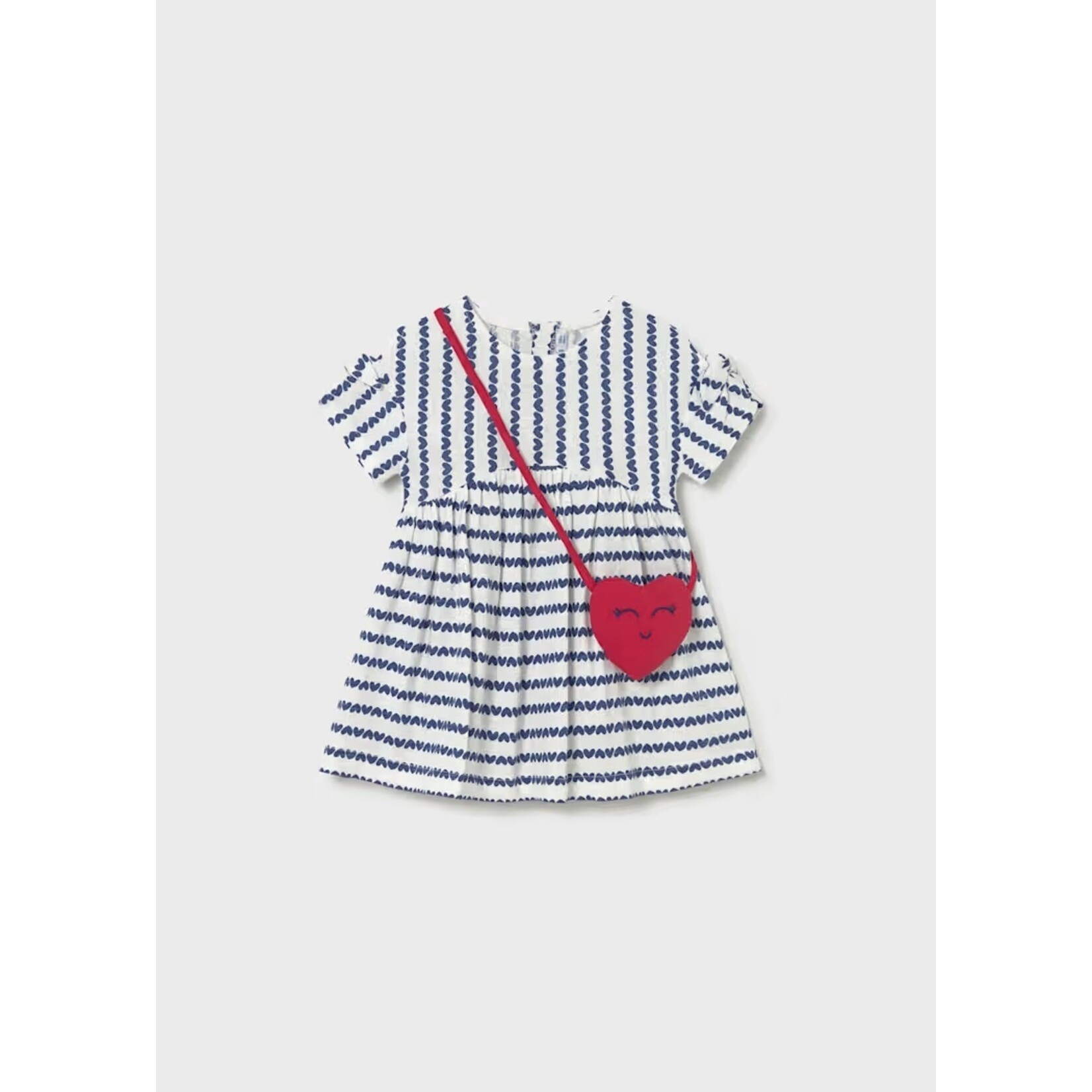 Mayoral MAYORAL - Robe à manches courtes blanche à imprimé de coeurs bleu avec son sac en coeur rouge