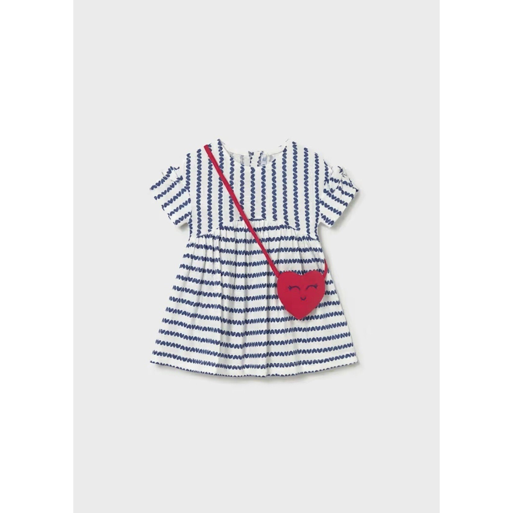 Mayoral MAYORAL - White short-sleeved dress with blue heart print and matching red heart-shaped bag