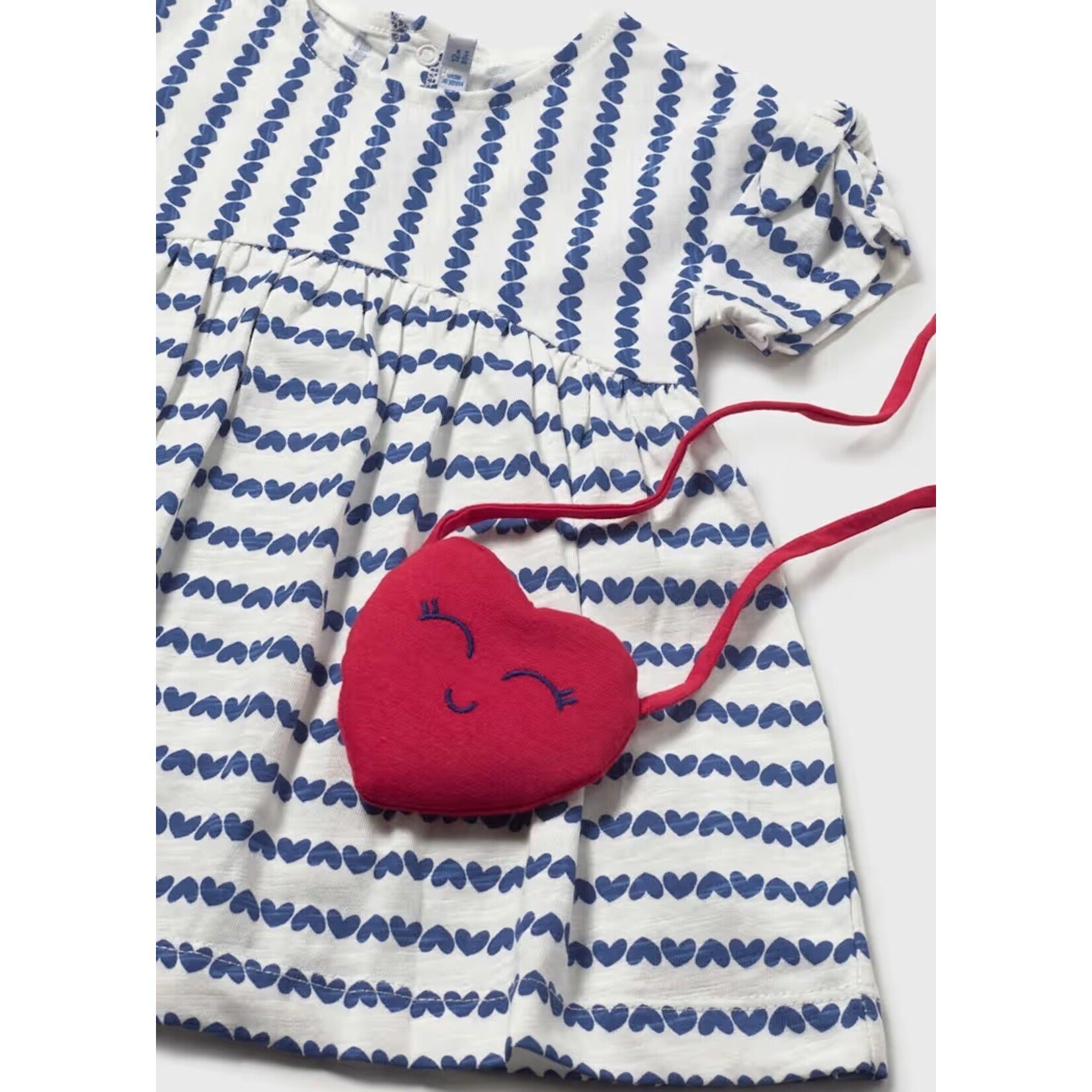 Mayoral MAYORAL - White short-sleeved dress with blue heart print and matching red heart-shaped bag