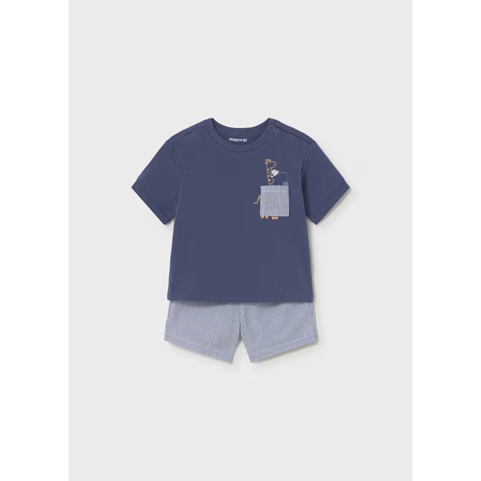Mayoral MAYORAL - 2-piece set with navy blue top with pocket and safari animal print and seersucker shorts