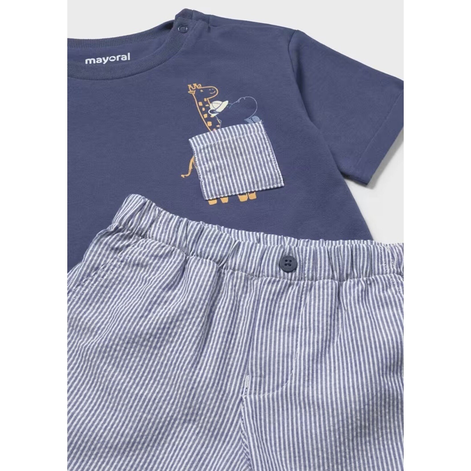 Mayoral MAYORAL - 2-piece set with navy blue top with pocket and safari animal print and seersucker shorts