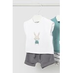 Mayoral MAYORAL - Two-piece set with a white top featuring a rabbit print and plain dark grey shorts