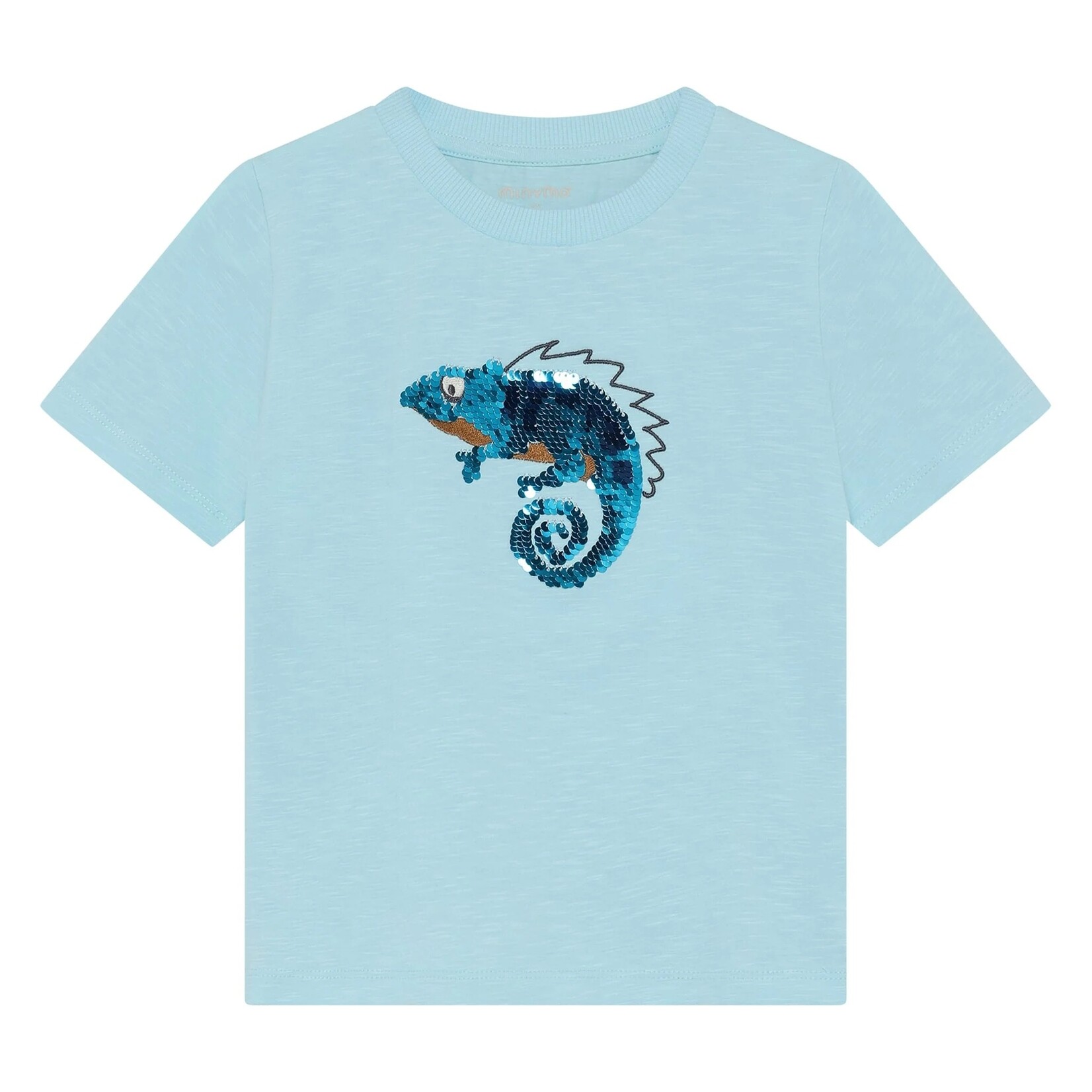 Minymo MINYMO - Pale blue T-shirt with blue and silver sequined chameleon