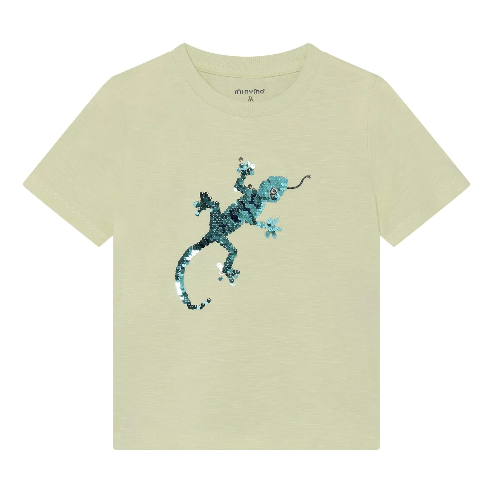 Minymo MINYMO - T-shirt vert pâle avec lézard en sequins bleus et argentés