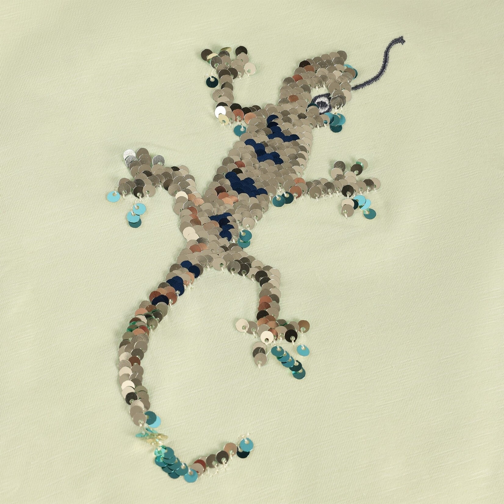 Minymo MINYMO - T-shirt vert pâle avec lézard en sequins bleus et argentés