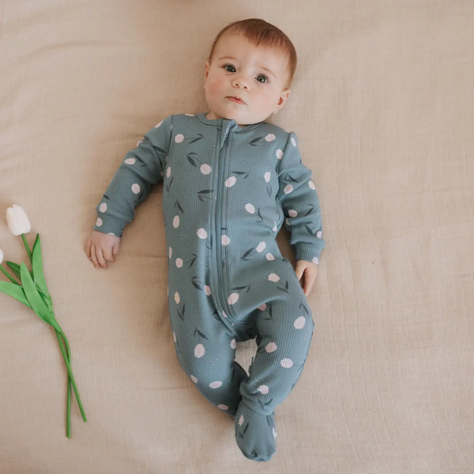 Petit Lem PETIT LEM - Pyjama de bébé sarcelle côtelé imprimé de tulipes