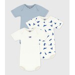 Petit Bateau PETIT BATEAU - PETIT BATEAU - Pack of 3 short-sleeved, round-neck bodysuits 'Blue Cats/Blue Cat and Logo/Grey-Blue'
