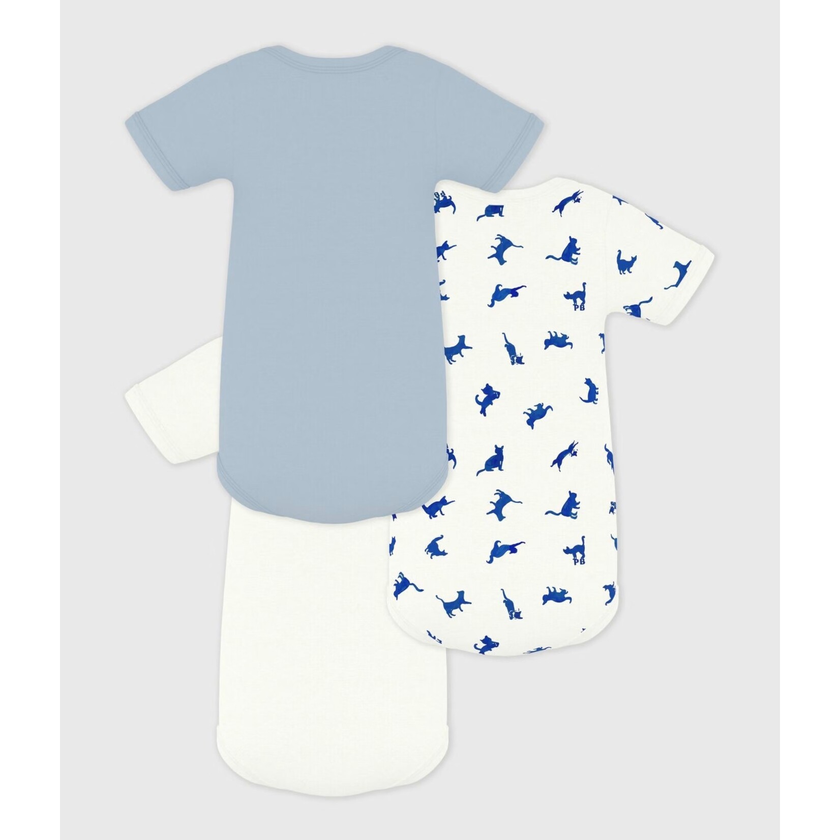 Petit Bateau PETIT BATEAU - PETIT BATEAU - Pack of 3 short-sleeved, round-neck bodysuits 'Blue Cats/Blue Cat and Logo/Grey-Blue'