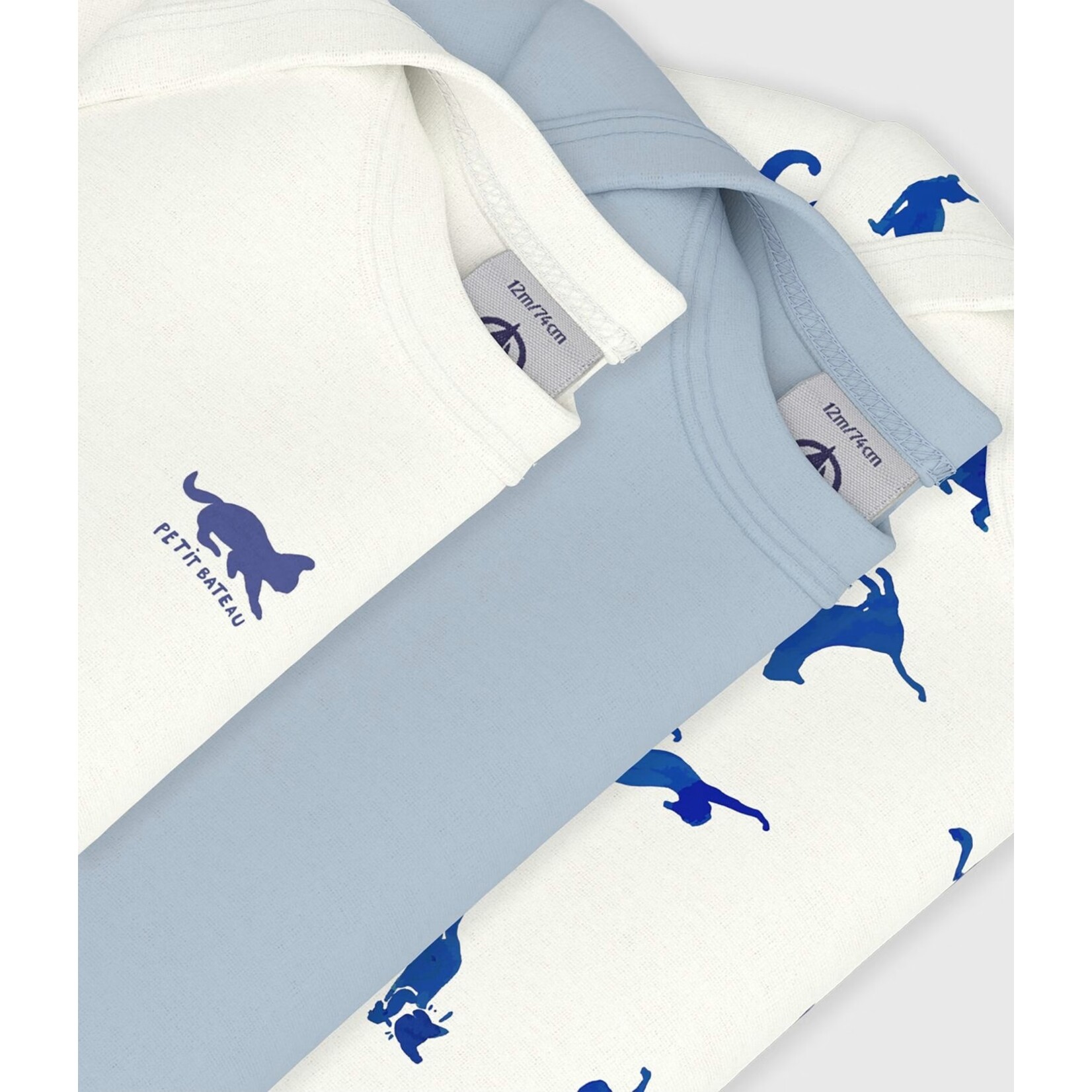 Petit Bateau PETIT BATEAU - PETIT BATEAU - Pack of 3 short-sleeved, round-neck bodysuits 'Blue Cats/Blue Cat and Logo/Grey-Blue'