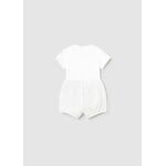 Mayoral MAYORAL - Two-piece ribbed set with a white bodysuit and white shorts with a grey duck print pattern.