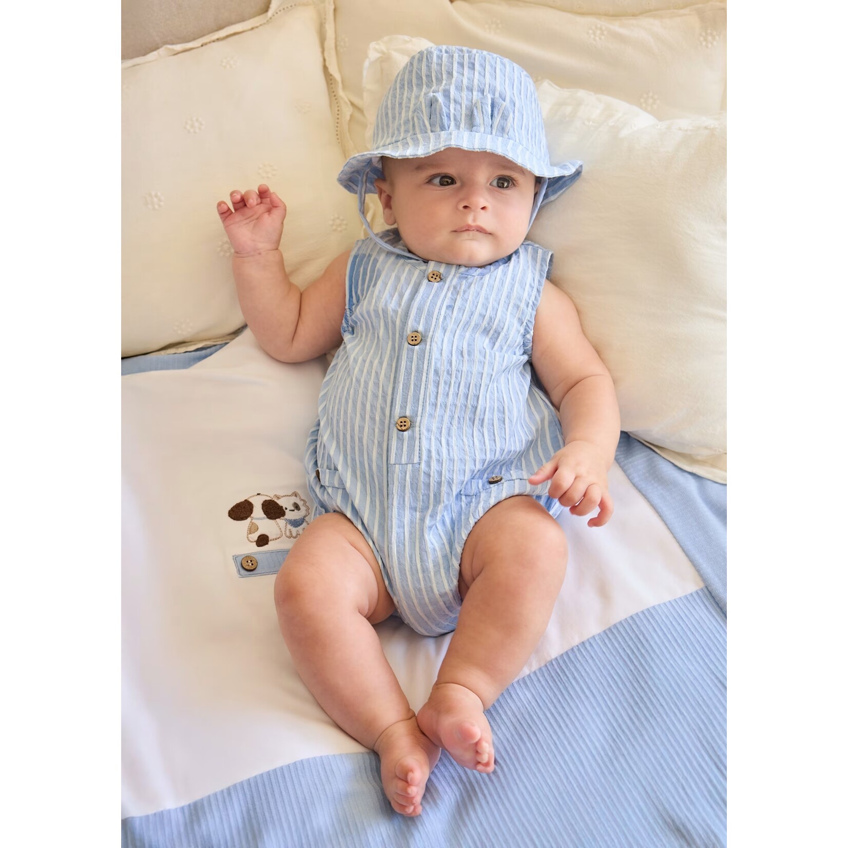 Mayoral MAYORAL - Romper and hat - Sky blue with white stripes