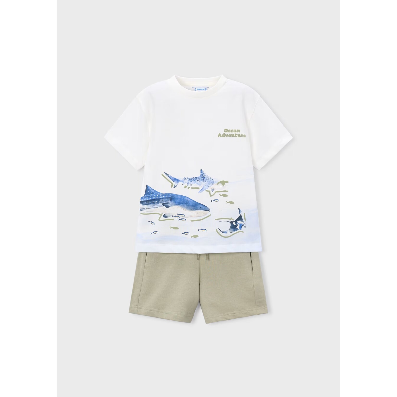 Mayoral MAYORAL - Ensemble 2 pièces - T-shirt blanc avec imprimé de requins et short beige