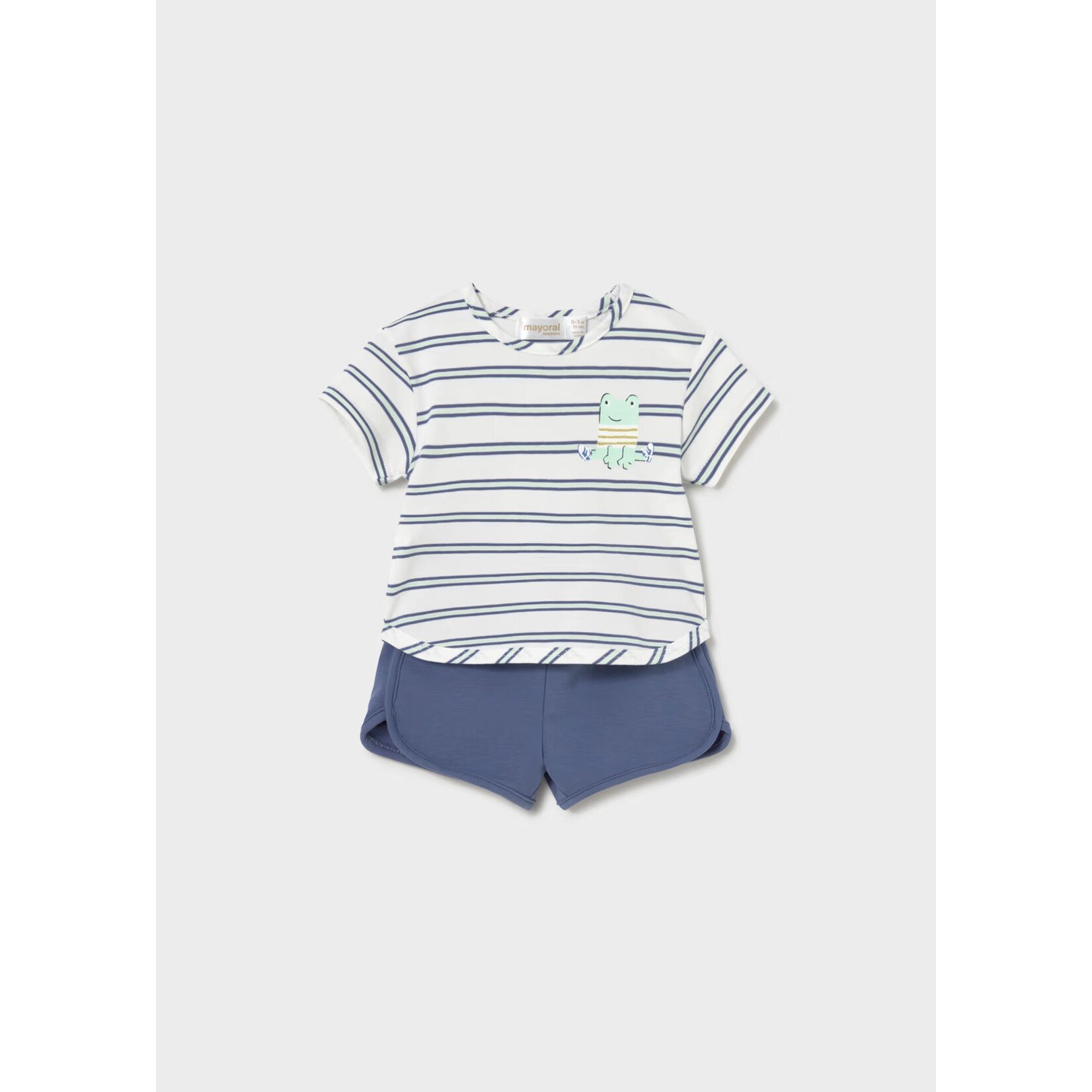 Mayoral MAYORAL - Ensemble 2 morceaux - T-shirt blanc rayé bleu avec imprimé de grenouille et short bleu