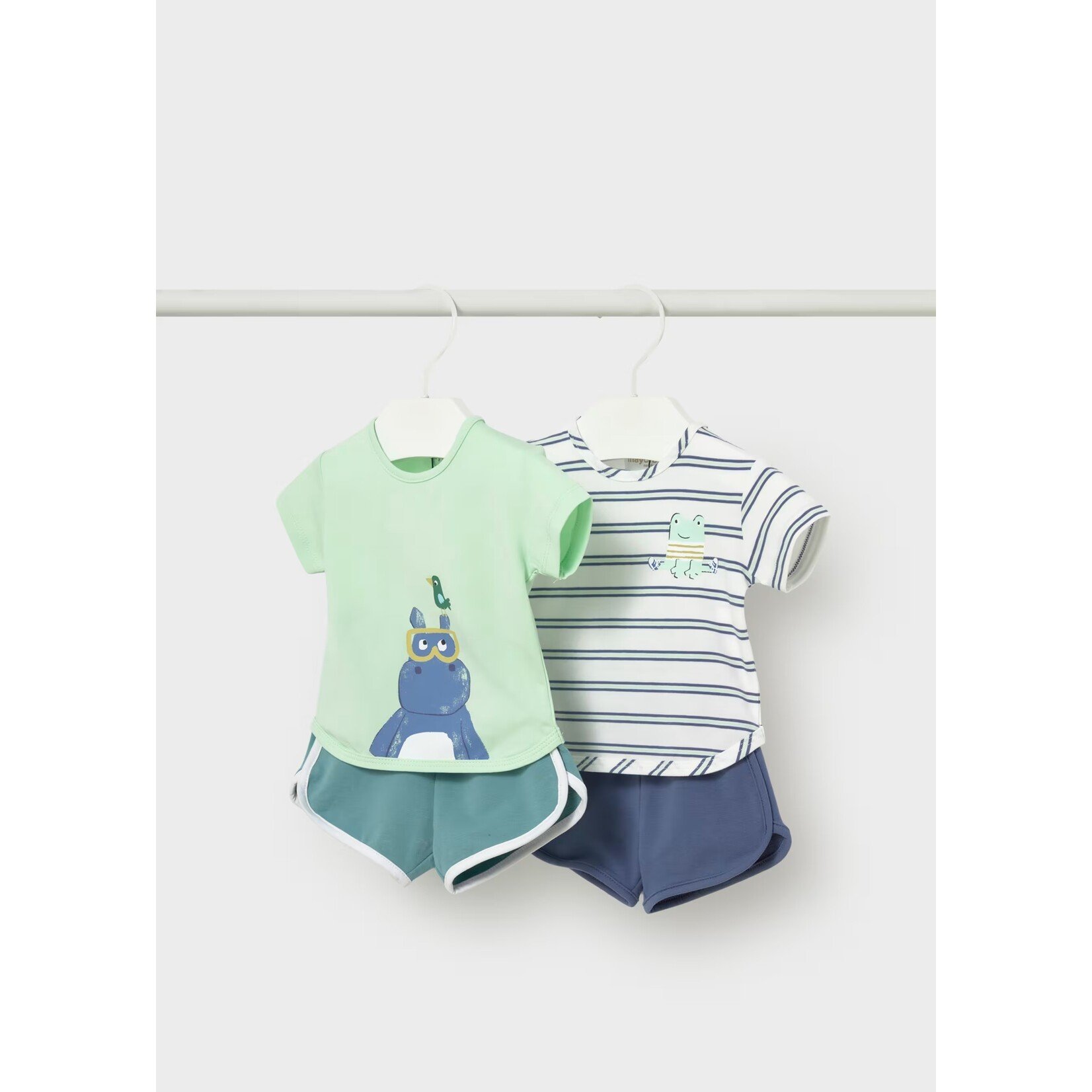 Mayoral MAYORAL - Ensemble 2 morceaux - T-shirt blanc rayé bleu avec imprimé de grenouille et short bleu