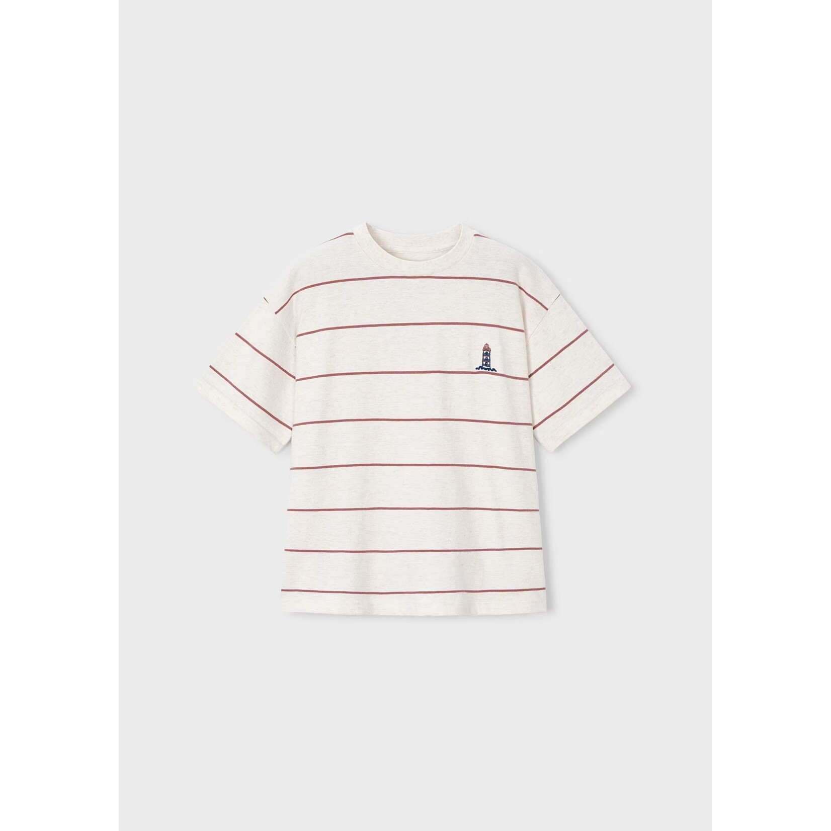 Mayoral MAYORAL - White T-shirt with red stripes and 'Boston Kids' lighthouse embroidery