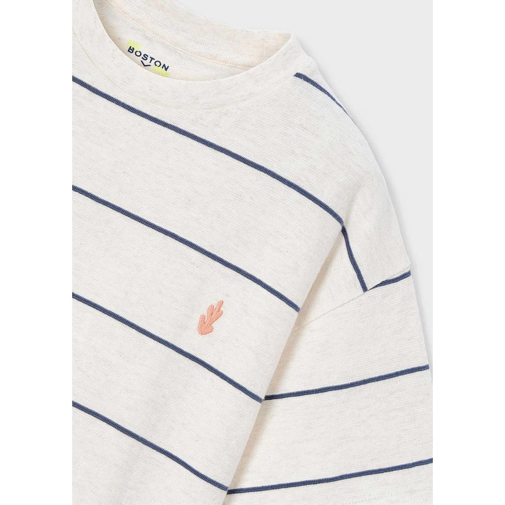 Mayoral MAYORAL - White T-shirt with blue stripes and 'Boston Kids' coral embroidery