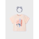 Mayoral MAYORAL - Ensemble 2 morceaux: T-shirt rose saumon avec imprimé de fleur et bandeau fleuri