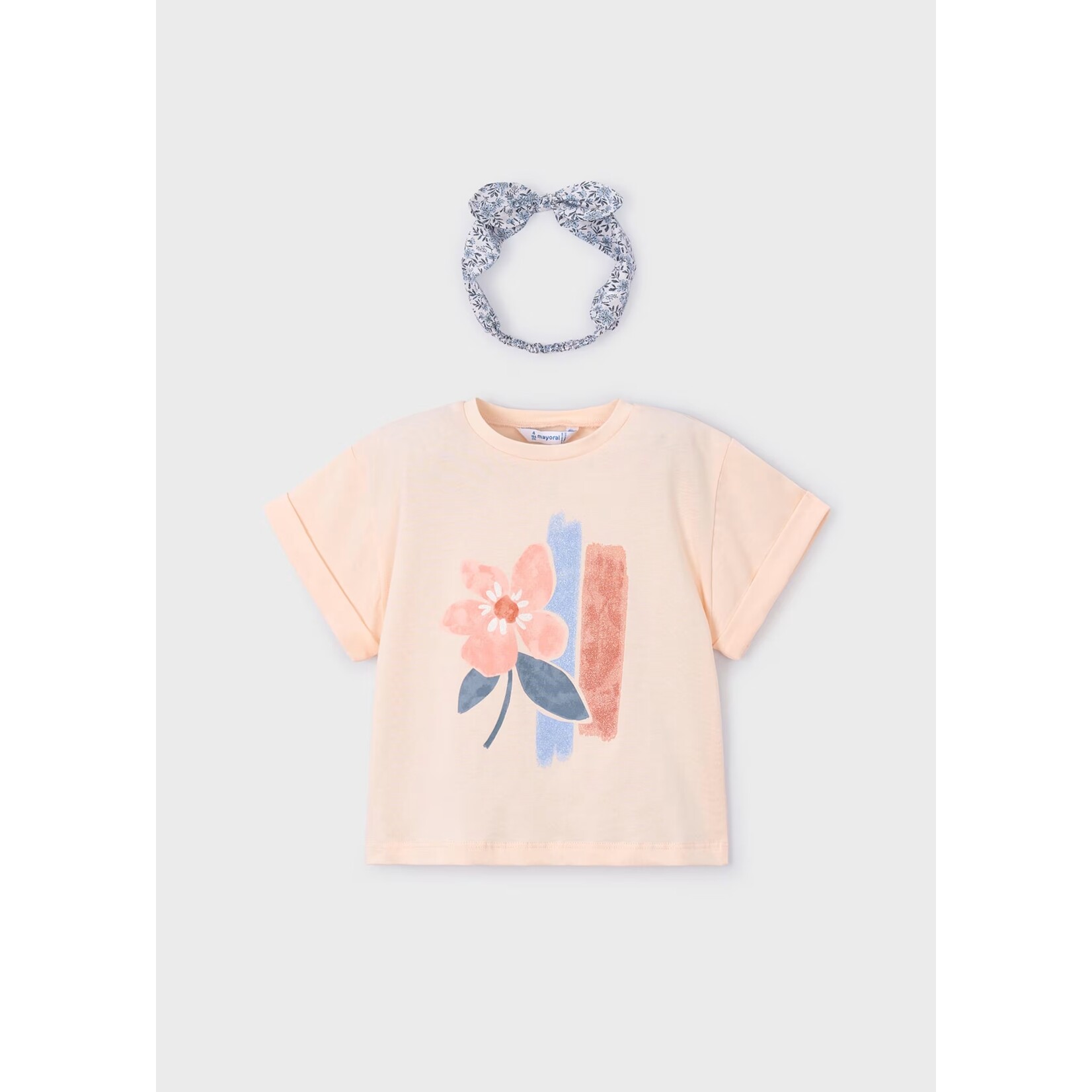 Mayoral MAYORAL - Ensemble 2 morceaux: T-shirt rose saumon avec imprimé de fleur et bandeau fleuri