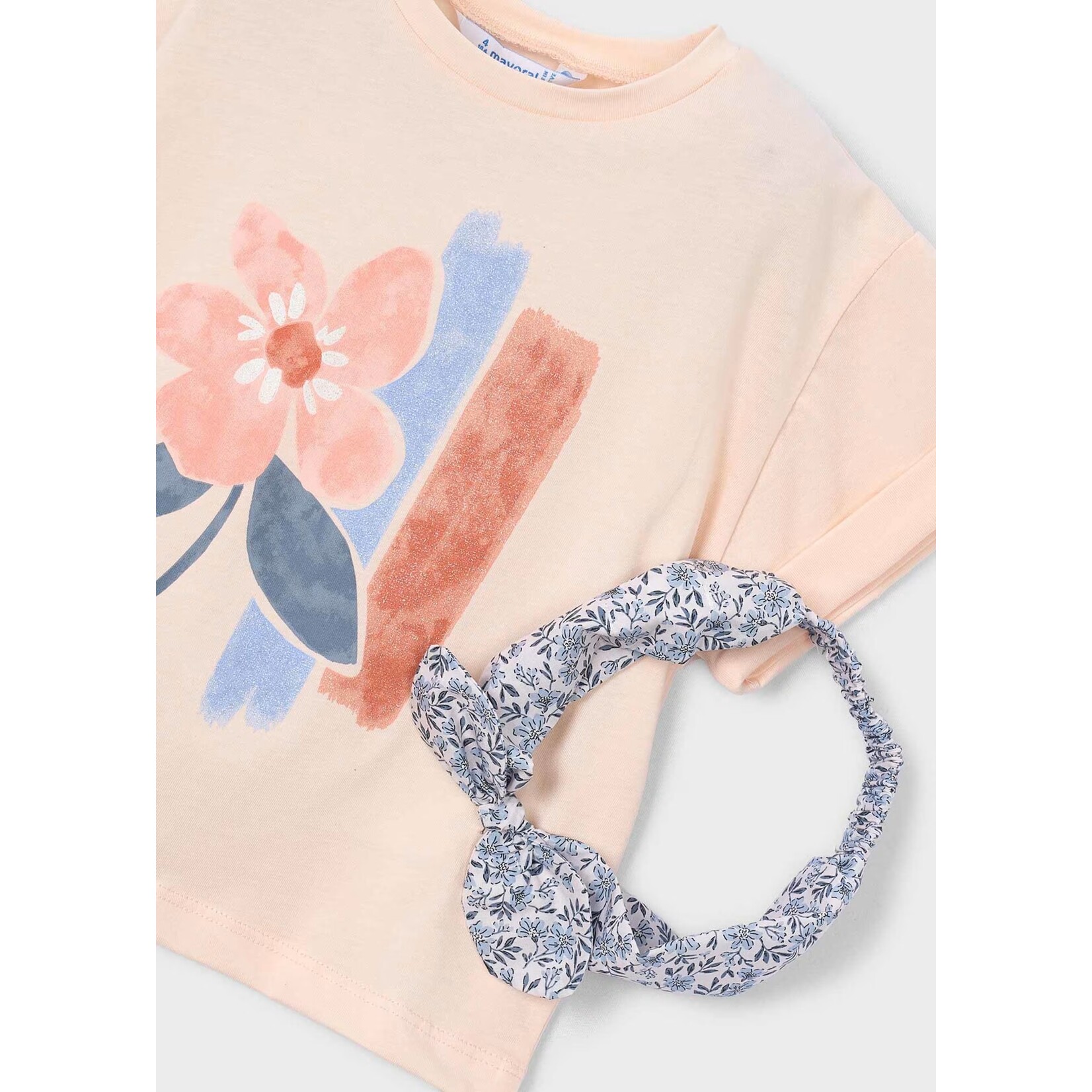 Mayoral MAYORAL - 2-piece set: Salmon pink T-shirt with floral print and floral headband
