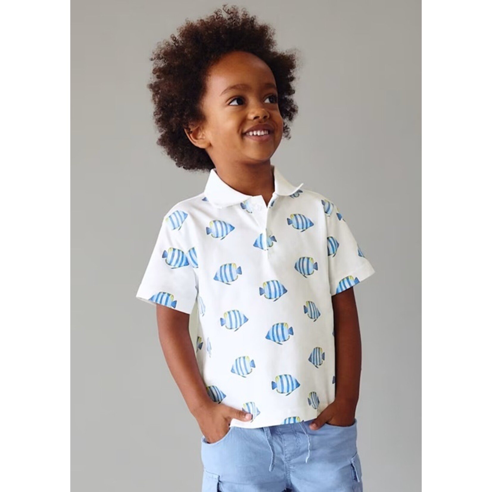 Mayoral MAYORAL - White short-sleeved polo shirt with blue and yellow fish print