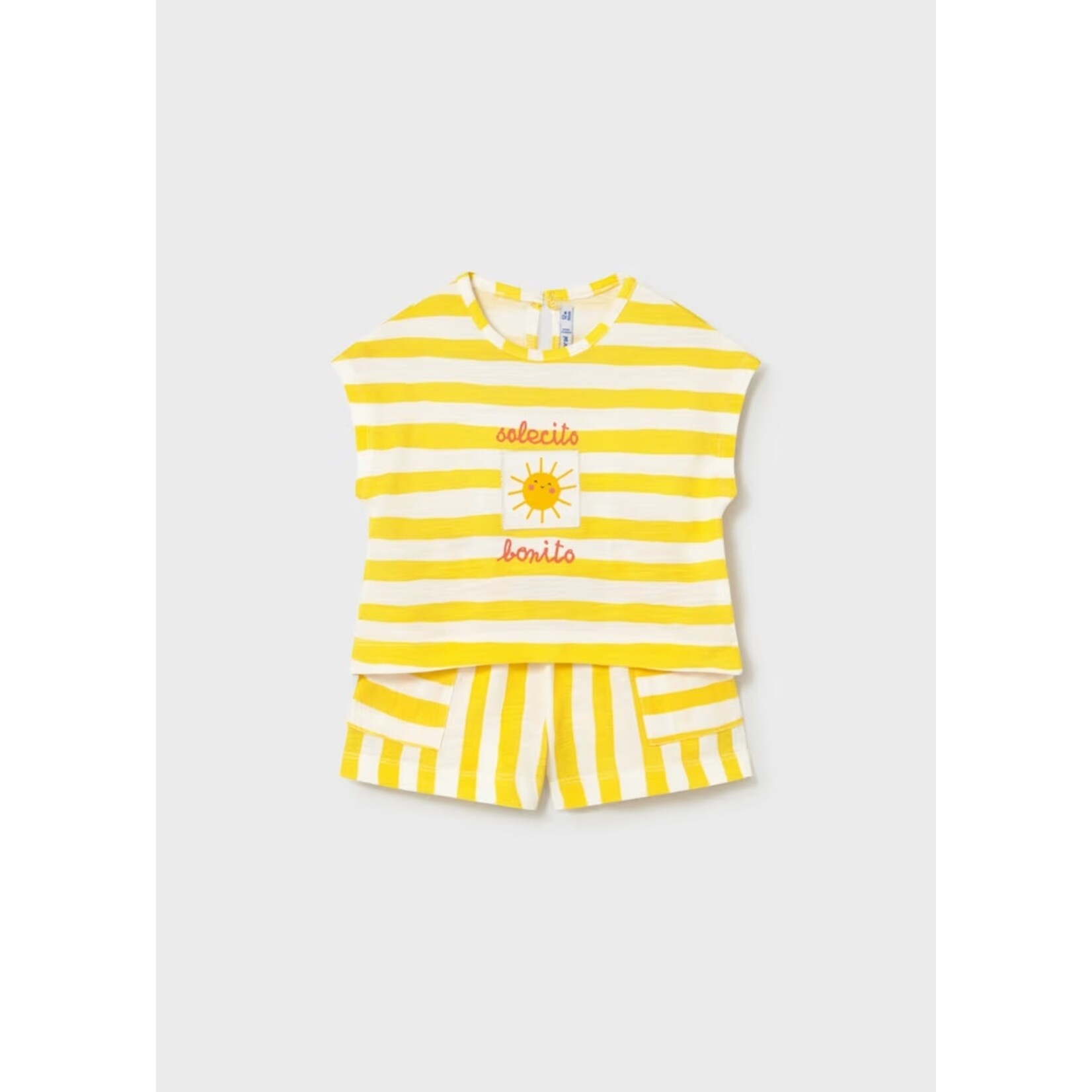 Mayoral MAYORAL - Two-piece set - Striped short-sleeved T-shirt and shorts in white and yellow with a sun print 'Solecito bonito'
