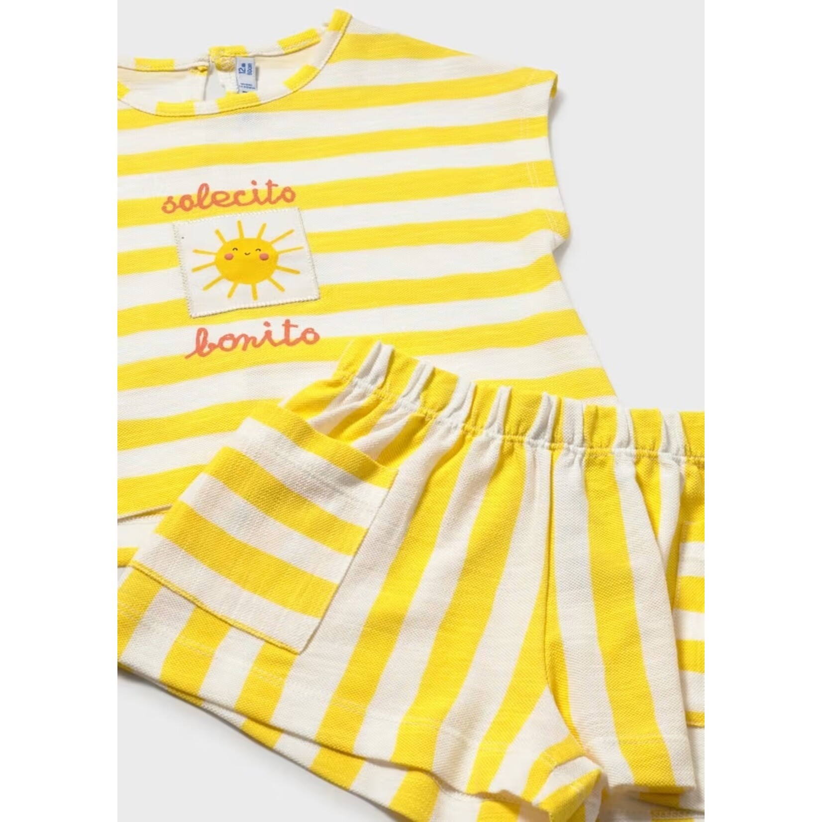 Mayoral MAYORAL - Two-piece set - Striped short-sleeved T-shirt and shorts in white and yellow with a sun print 'Solecito bonito'