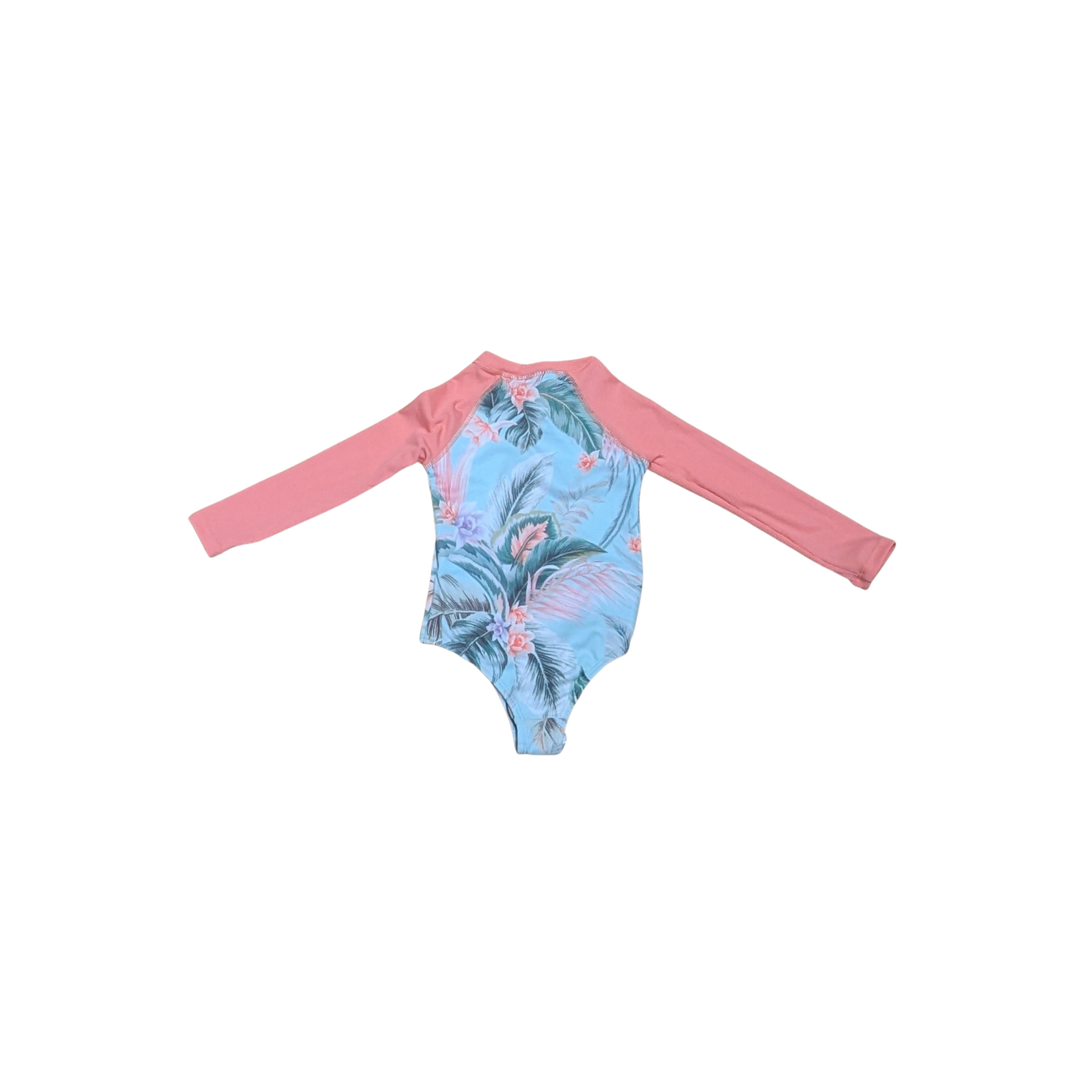Mandarine & Co. MANDARINE & CO. - Maillot de bain une-pièce à manches longues bleu poude et rose corail avec imprimé de fleurs tropicales