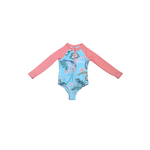 Mandarine & Co. MANDARINE & CO. - Maillot de bain une-pièce à manches longues bleu poude et rose corail avec imprimé de fleurs tropicales