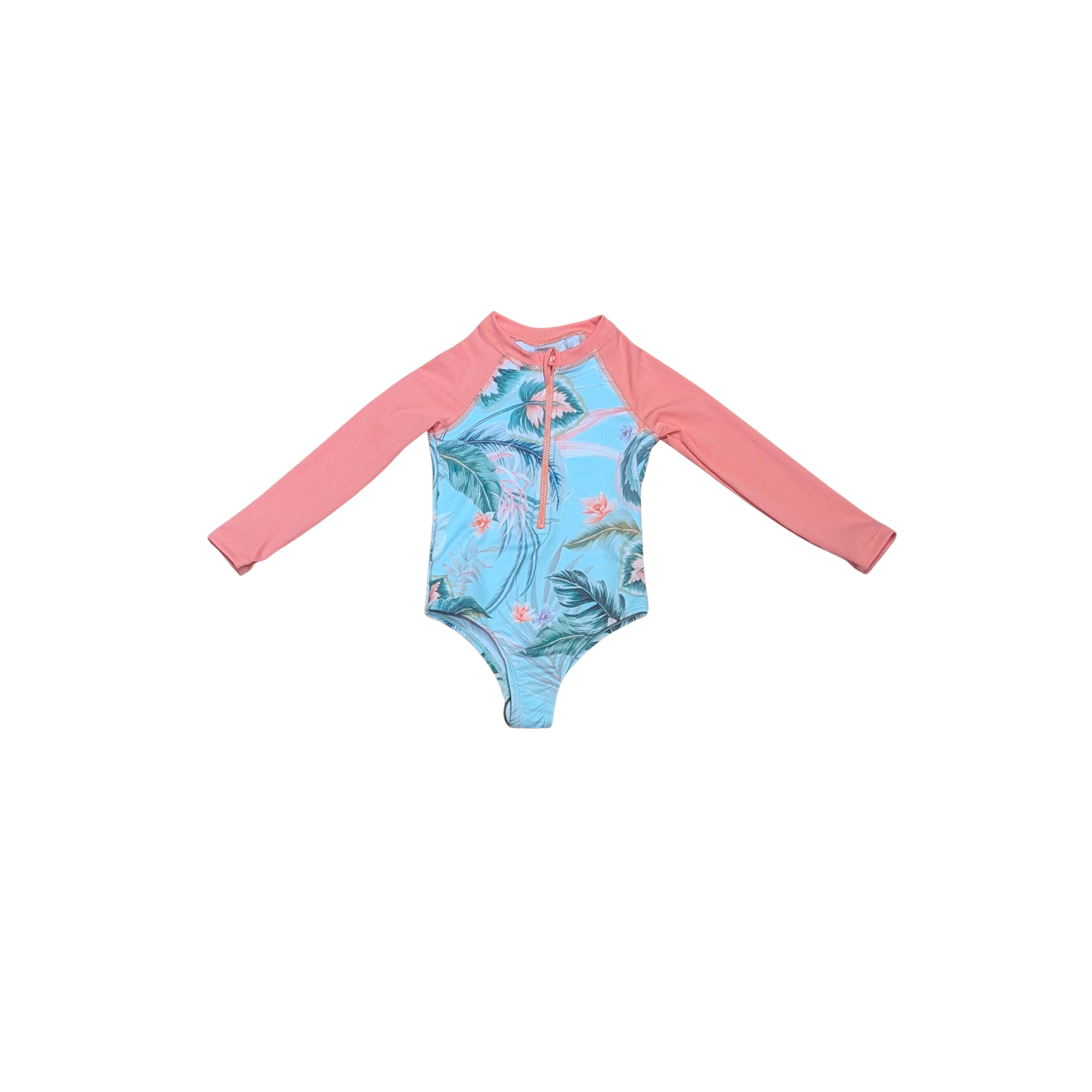 Mandarine & Co. MANDARINE & CO. - Maillot de bain une-pièce à manches longues bleu poude et rose corail avec imprimé de fleurs tropicales