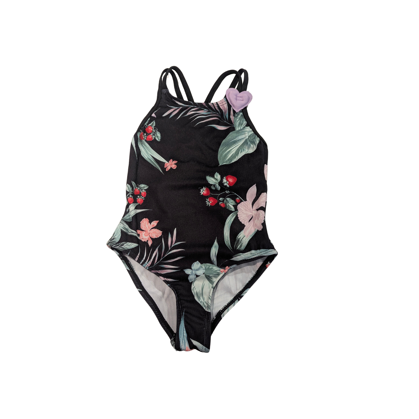 Mandarine & Co. MANDARINE & CO. - Maillot de bain une-pièce noir avec imprimé de fleurs de fraisiers et coeur à la bretelle