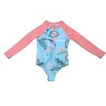 Mandarine & Co. MANDARINE & CO. - Maillot de bain une-pièce à manches longues bleu poude et rose corail avec imprimé de fleurs tropicales