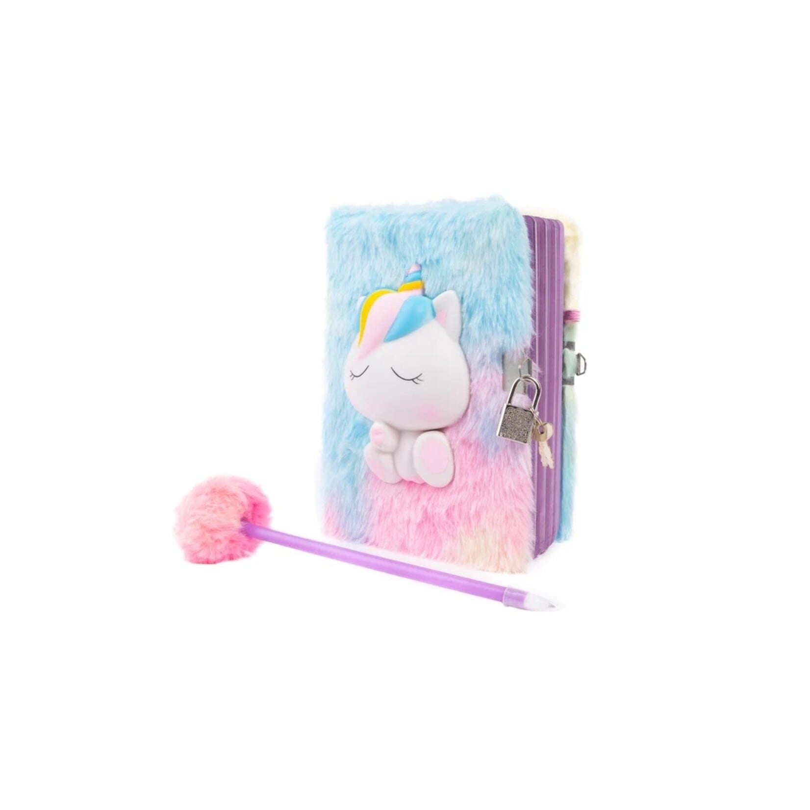Great Pretenders GREAT PRETENDERS -  Ensemble de carnet multicolore à squishy et cadenas à clé et stylo à pompom « Amis à fourrure » - Licorne blanche