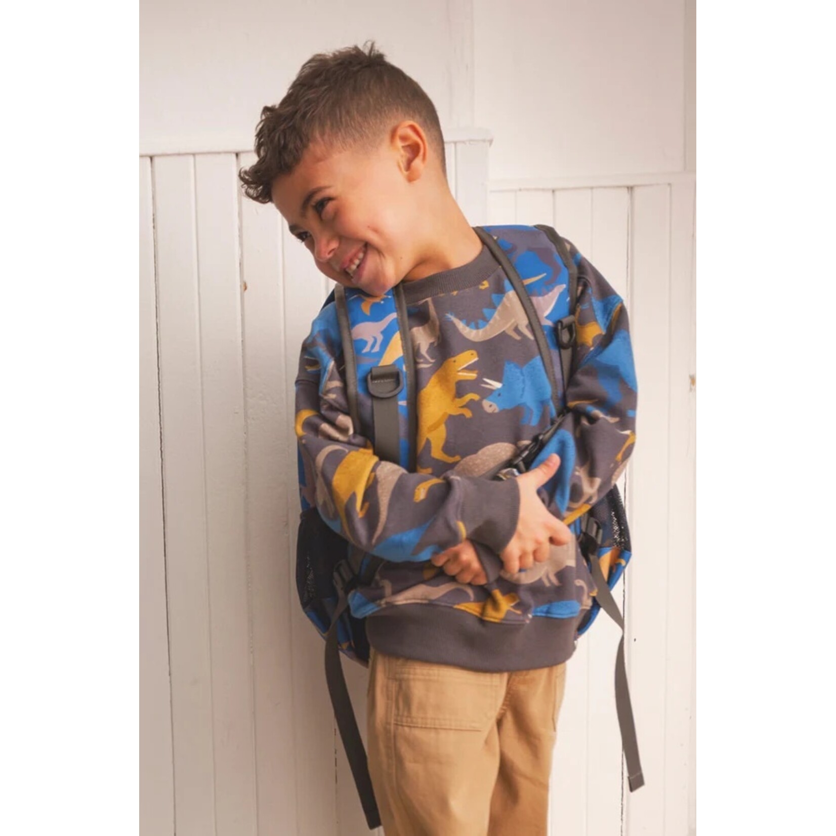 Deux par Deux DEUX PAR DEUX - Blue and brown backpack with 'Back to School' dinosaur print