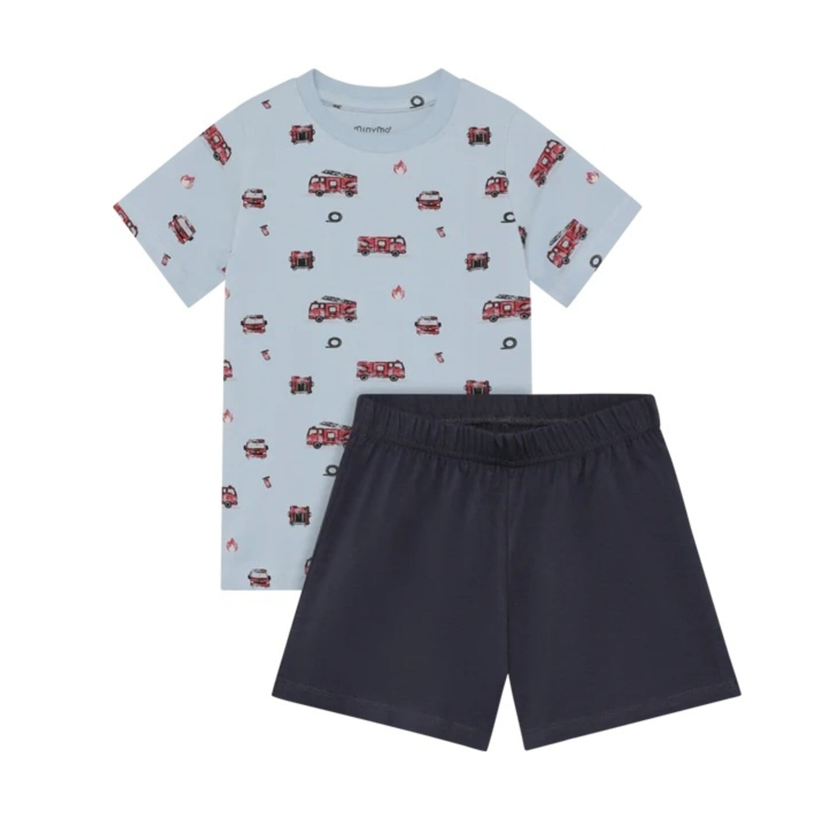 Minymo MINYMO - Ensemble 2 pièces: T-shirt bleu avec imprimé de camions de pompiers et short bleu marin 5ans