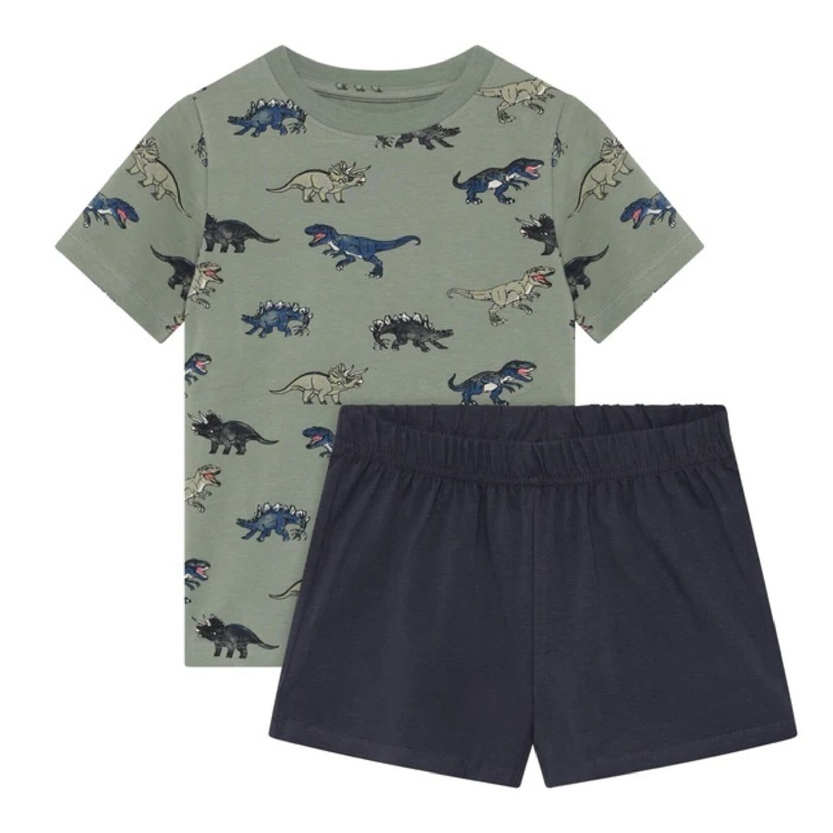 Minymo MINYMO - 2-piece set: Khaki T-shirt with dinosaur print and navy blue shorts
