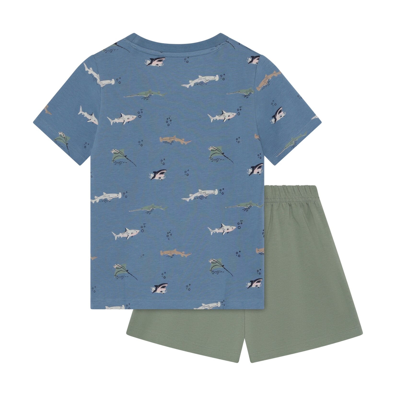 Minymo MINYMO - 2-piece set: Blue T-shirt with shark print and khaki shorts 6y