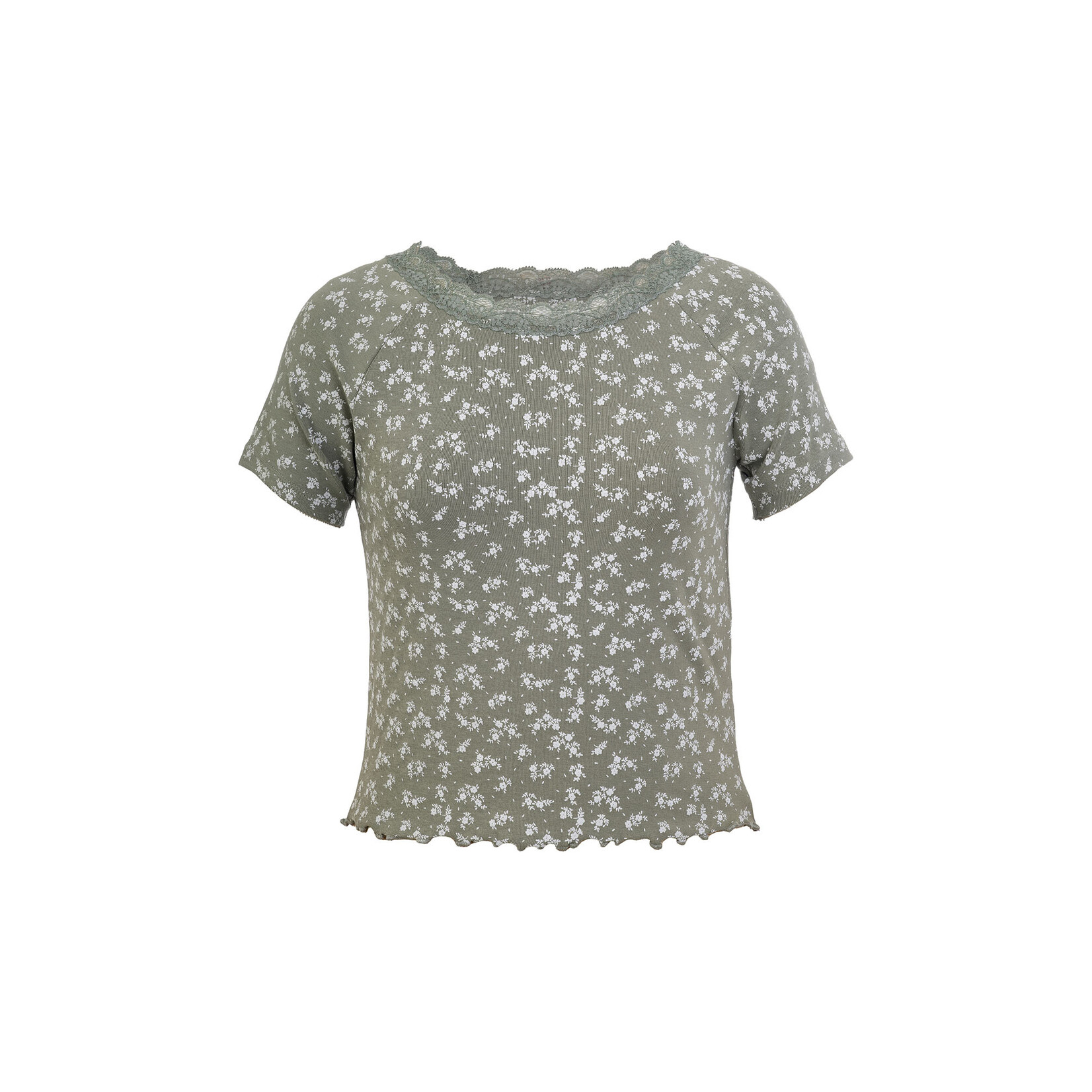 Mandarine & Co. MANDARINE & CO. - T-shirt vert sauge avec fleurs blanches et dentelle verte