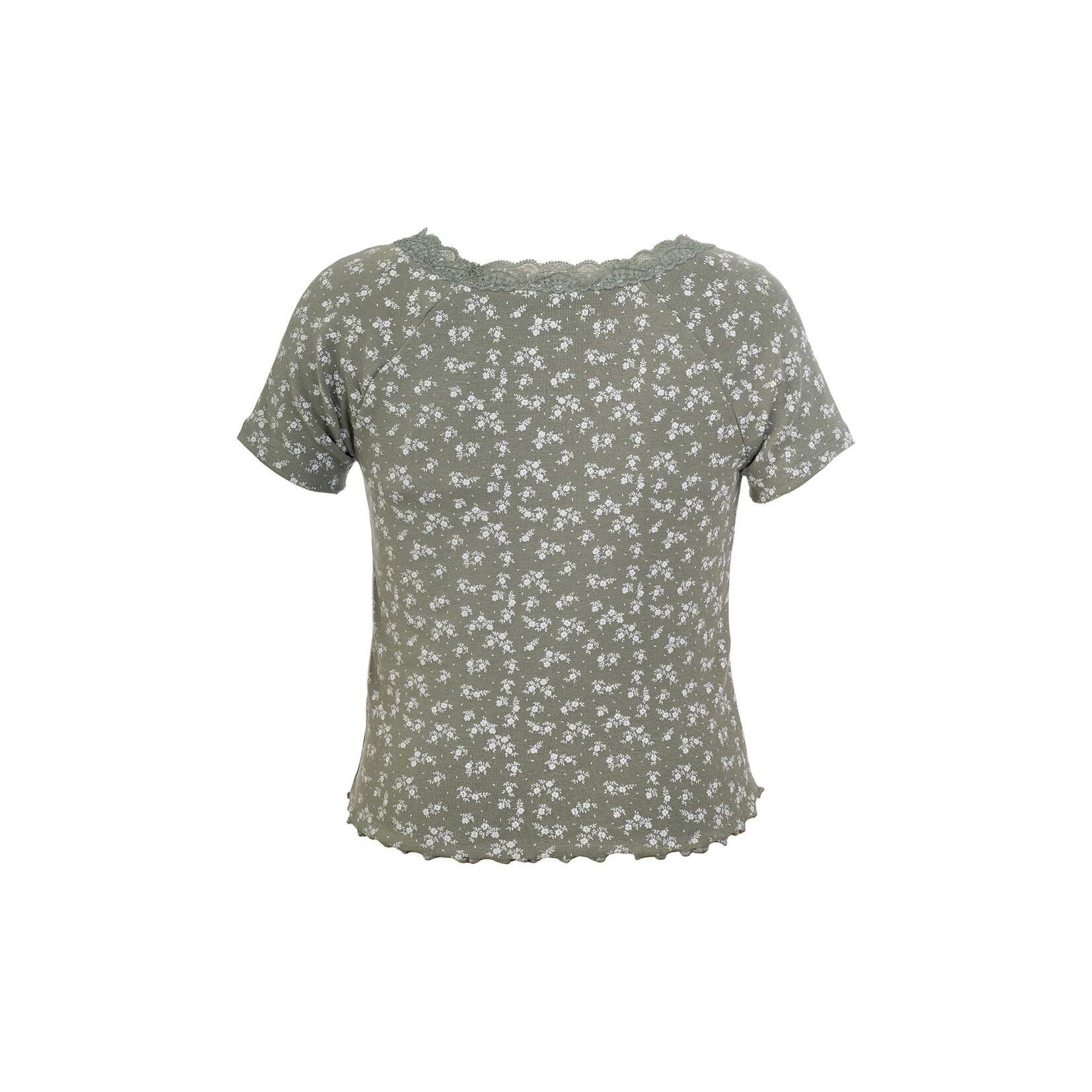 Mandarine & Co. MANDARINE & CO. - T-shirt vert sauge avec fleurs blanches et dentelle verte