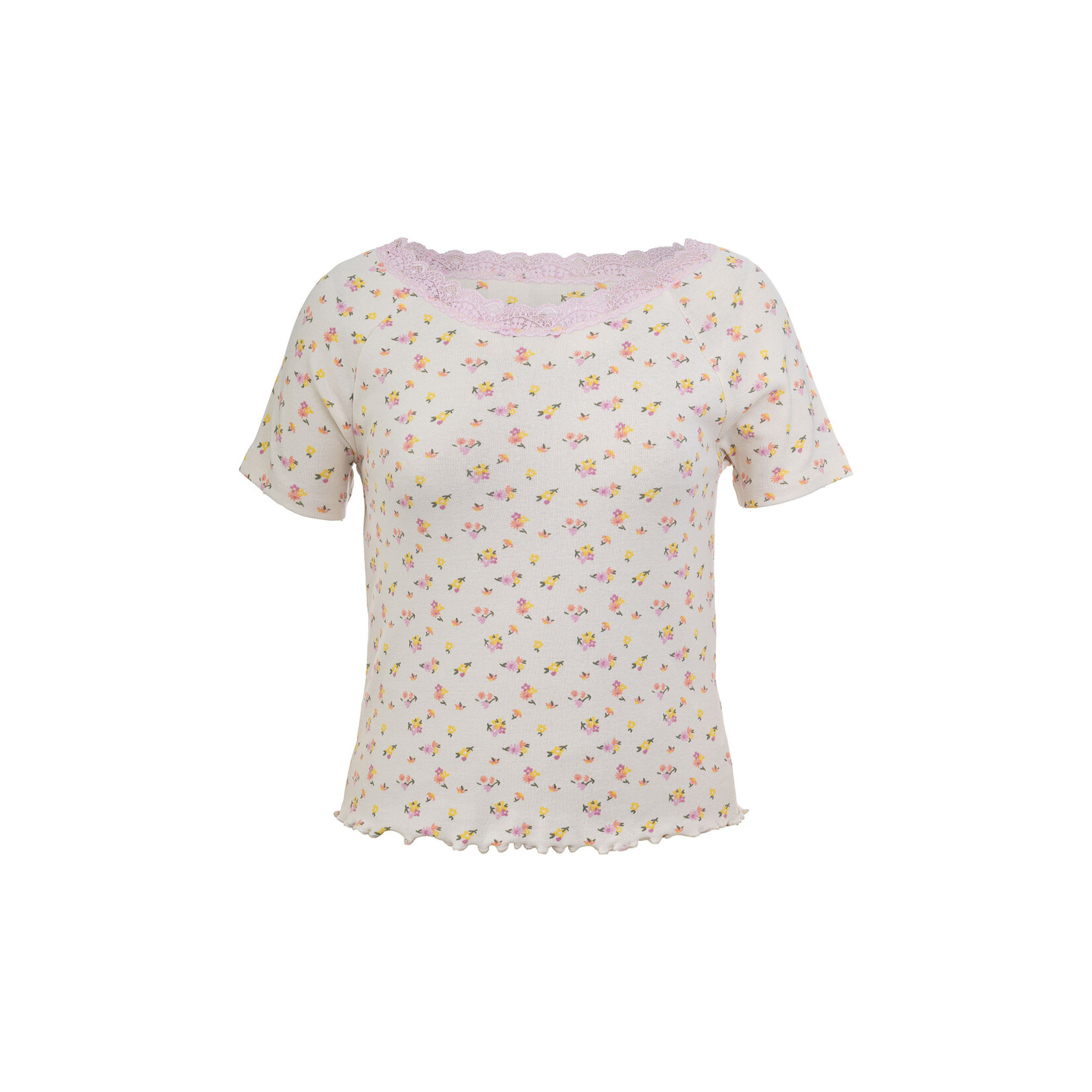 Mandarine & Co. MANDARINE & CO. - T-shirt blanc avec fleurs colorés et dentelle rose