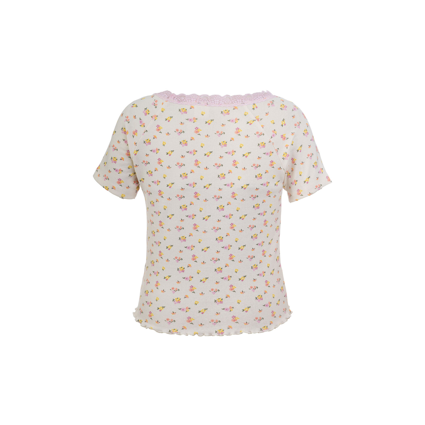 Mandarine & Co. MANDARINE & CO. - T-shirt blanc avec fleurs colorés et dentelle rose
