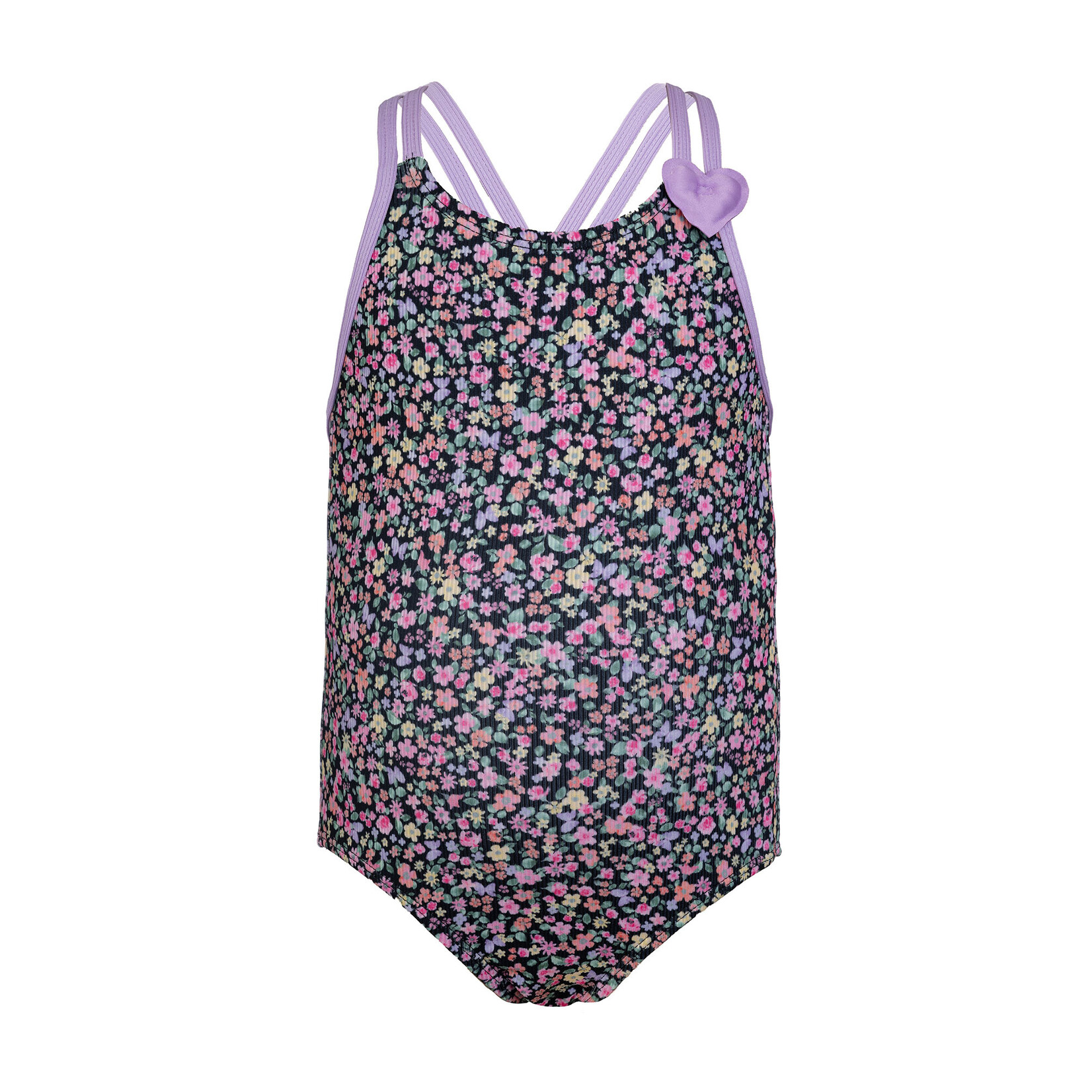 Mandarine & Co. MANDARINE & CO. - Black one-piece swimsuit with colorful floral print and lilac strap